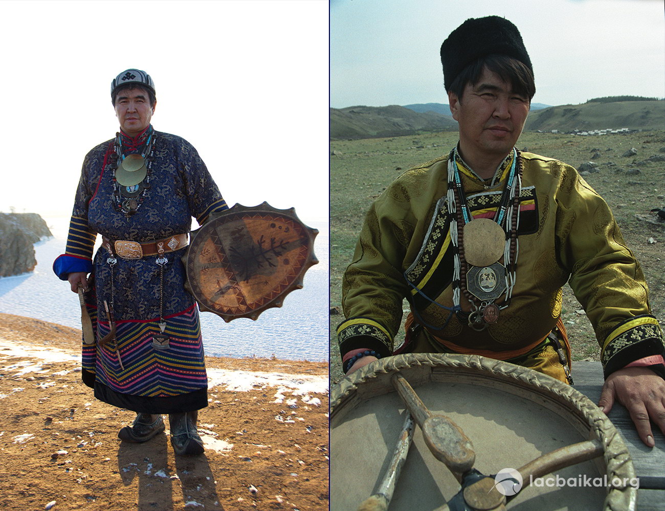Le Chaman de l'île d'Olkhon Valentin Khagdayev en costume traditionnel avec son tambour